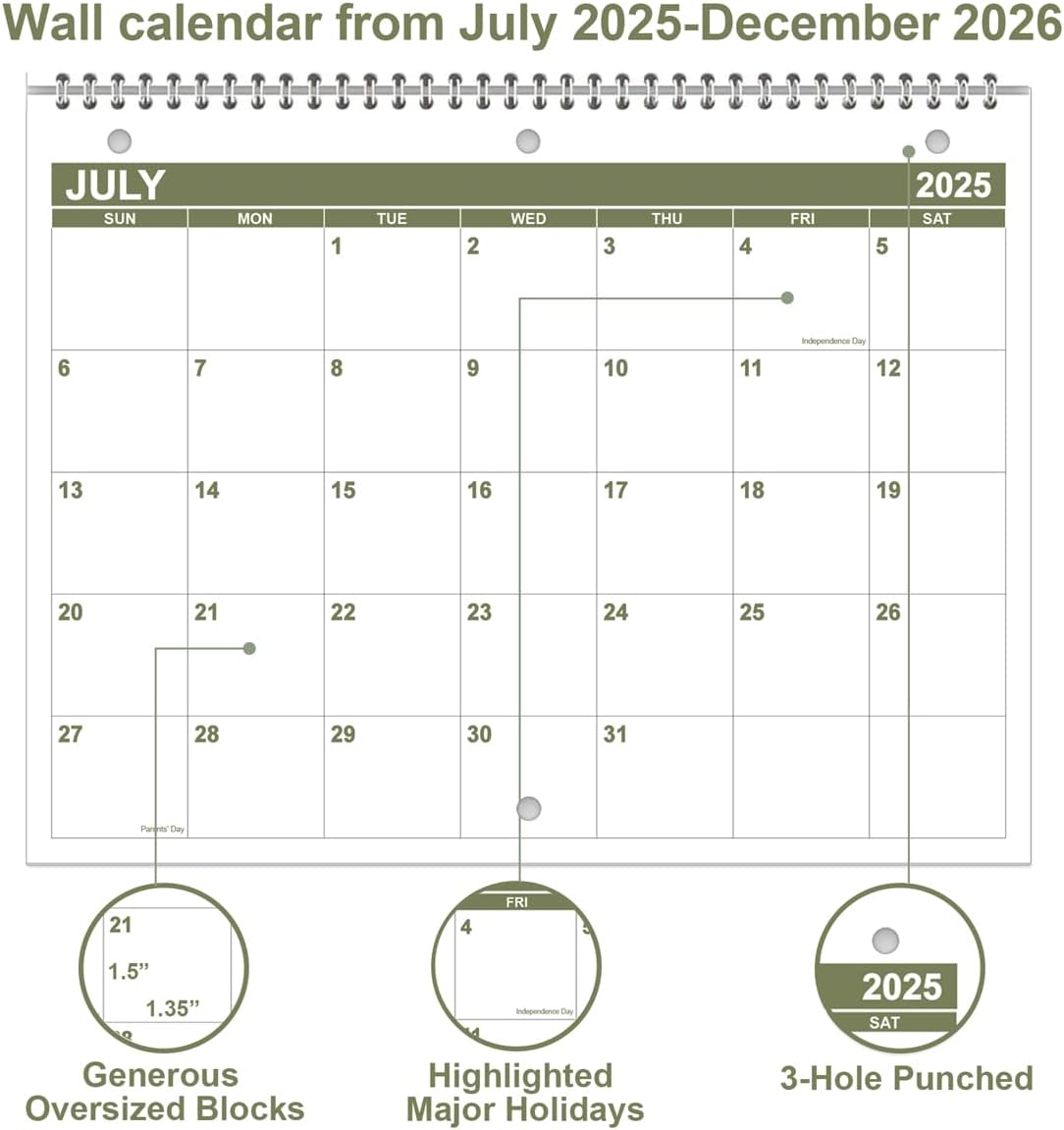 Calendar 2025-2026 for 3 Ring Binder - Calendar 2025-2026 from July 2025 - December 2026, 18 Months Calendar with Premium Paper, 3-Hole Wall Calendar, 8.5" x 11", Green