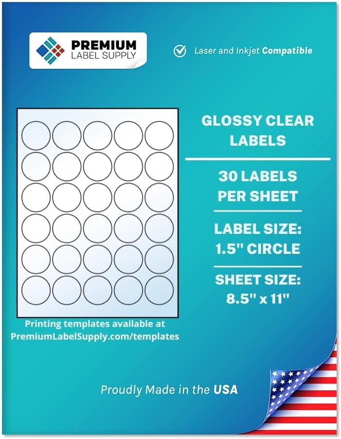 Premium Label Supply Glossy Clear Sticker Round Labels – 1.5" Circle – Laser/Inkjet Compatible – (30 per Sheet), 500 Sheets – 15,000 Total Adhesive Labels