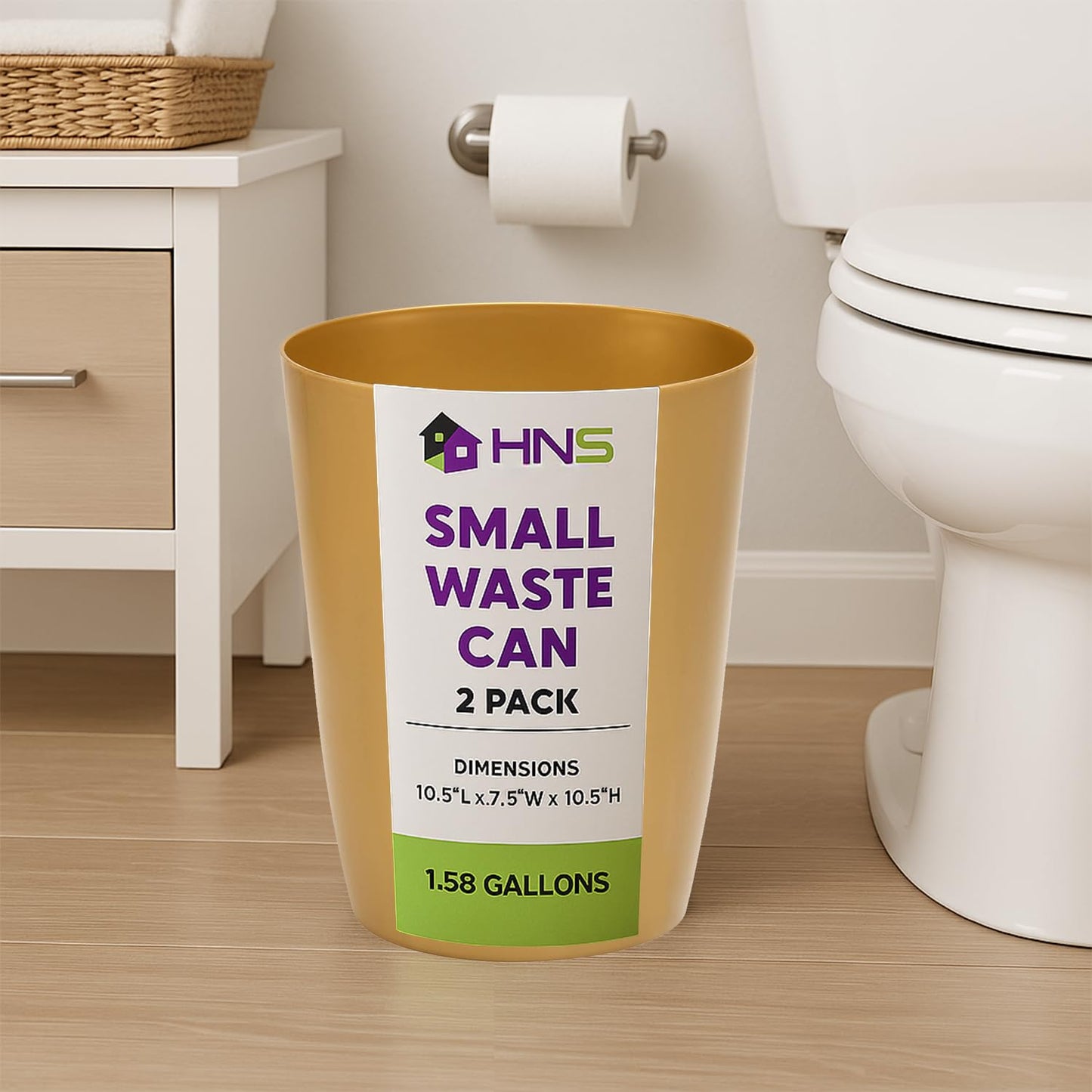 HOLDN’ STORAGE Small Trash Can - Set of 2 Open Top Waste Bin of 1.58 Gallon, Compact Waste Can Perfect for Bathroom, Kitchen, Office, Dorm - Durable Garbage Can - Soft Brass