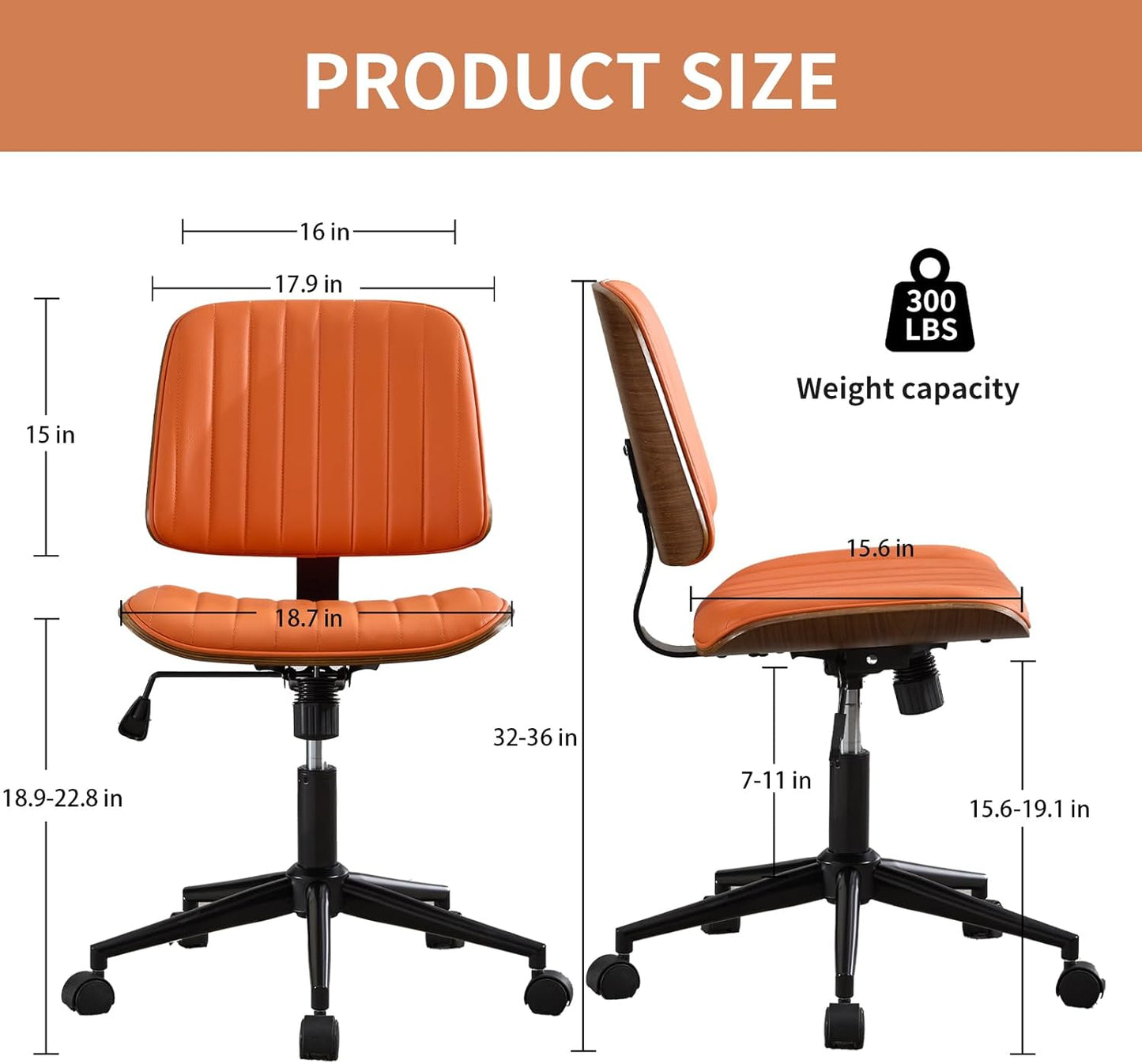 Small Home Office Chair - Armless Mid Back Desk Chair with 360° Swivel and Wheels, PU Upholstered Height Adjustable Modern Walnut Computer Chair for Home, Office Meeting Room - Orange