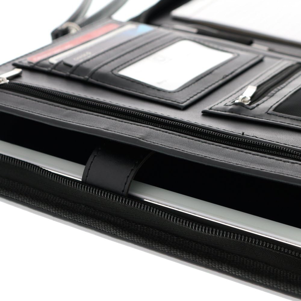Customized Black Zippered Portfolio Binder with Junior Legal 5x8 Notepad - Engraved PU Leather Business Padfolio Organizer Folder with 8" Tablet Sleeve & Gift Box by Lautus Designs
