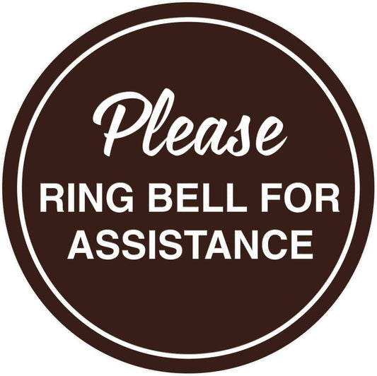 Signs ByLITA Circle Please Ring Bell For Assistance Wall or Door Sign | Easy Installation | Front Desk Reception Sign (Dark Brown) - Large (5 Pack)