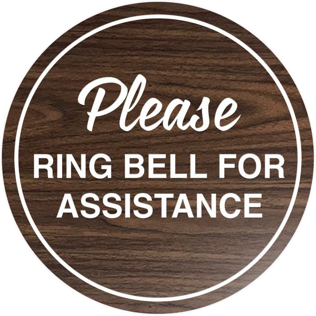 Signs ByLITA Circle Please Ring Bell For Assistance Wall or Door Sign | Easy Installation | Front Desk Reception Sign (Walnut) - X-large (10 Pack)