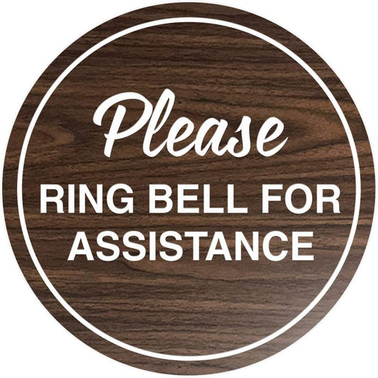 Signs ByLITA Circle Please Ring Bell For Assistance Wall or Door Sign | Easy Installation | Front Desk Reception Sign (Walnut) - Medium (5 Pack)