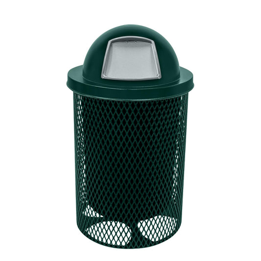 Coated Outdoor Furniture 32-Gallon Heavy-Duty Expanded Metal Round Trash Receptacle, Commercial Outdoor Waste Bin with Liner & Dome Lid – Made in America (Textured Dark Green)