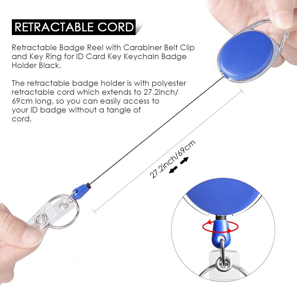 Retractable Badge Holder with Carabiner Reel Clip and Key Ring for ID Card Key Keychain Holders Blue 10 Pieces by Moever