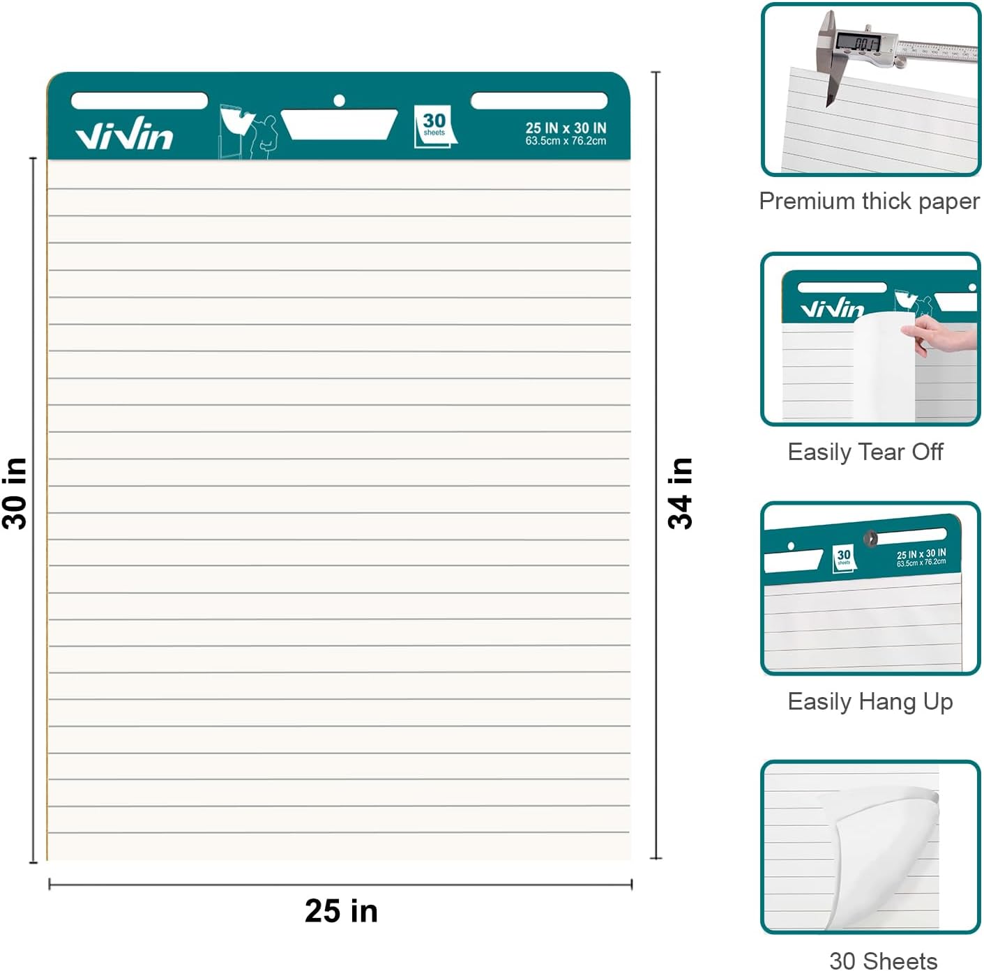ViVin Lined Sticky Easel Pad, 25 x 30 Inches Flip Chart Paper for Teachers and Students, Large Self Stick Easel Paper, Teacher Anchor Chart, 30 Sheets/Pad, 4 Pads/Pack