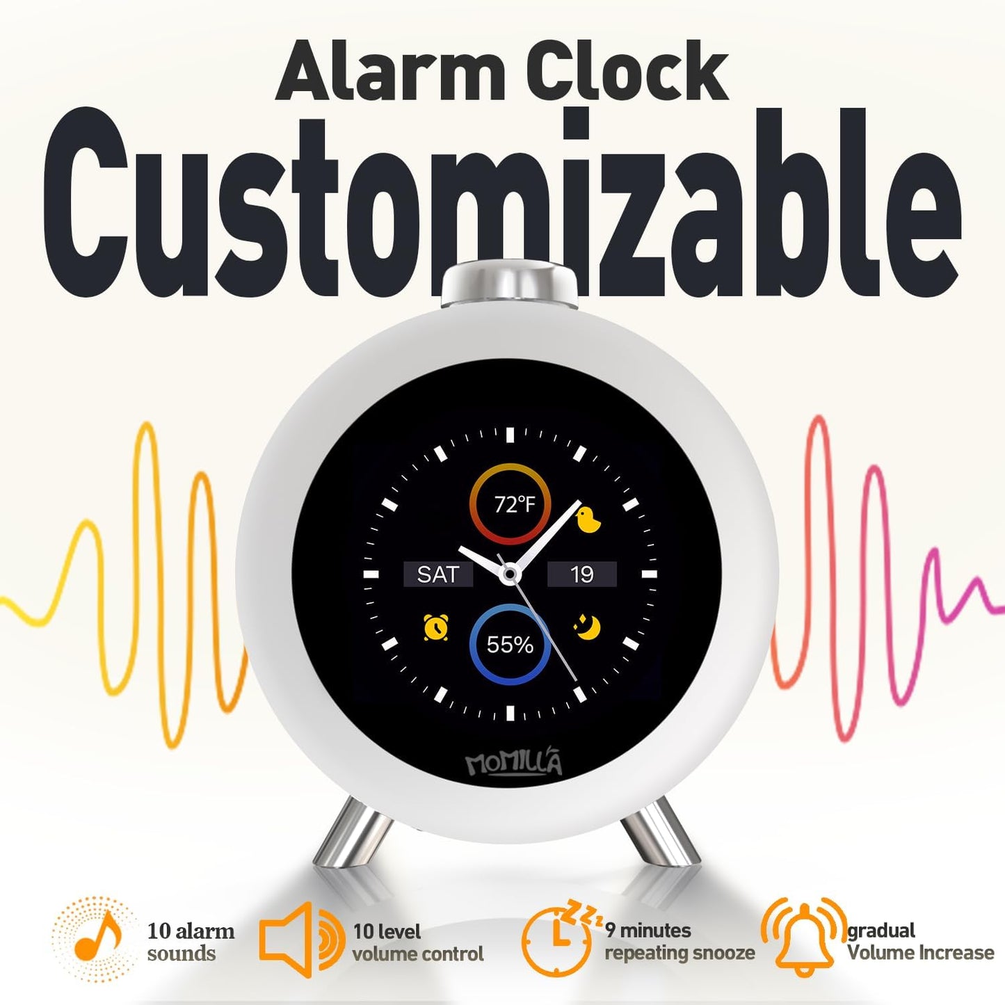 MOMILLA Alarm Clock for Heavy Sleepers, Colorful Screen Temperature, Loud 7-Day Programmable 4 Alarms, Small Clocks Bedrooms for Kids Adults Boys Girls, Easy to Set, Digital White Noise, Hourly Chime