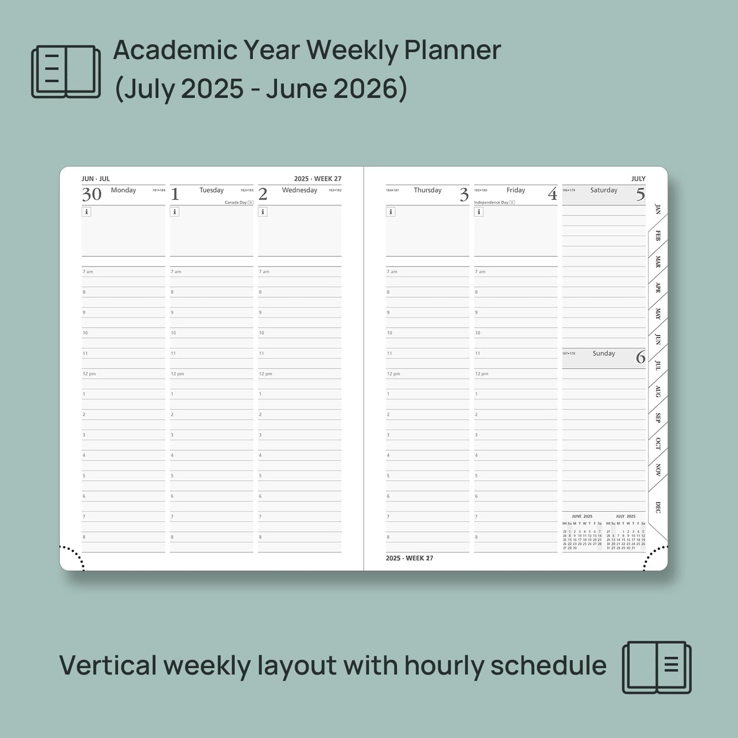 POPRUN Planner 2025-2026, (Medium 6.5'' x 8.5'' Hard Cover) Academic Calendar (July 25-June 26) Daily Weekly and Monthly Appointment Book with Hourly Time Slots, Monthly Tabs, 100 GSM - Haze Blue