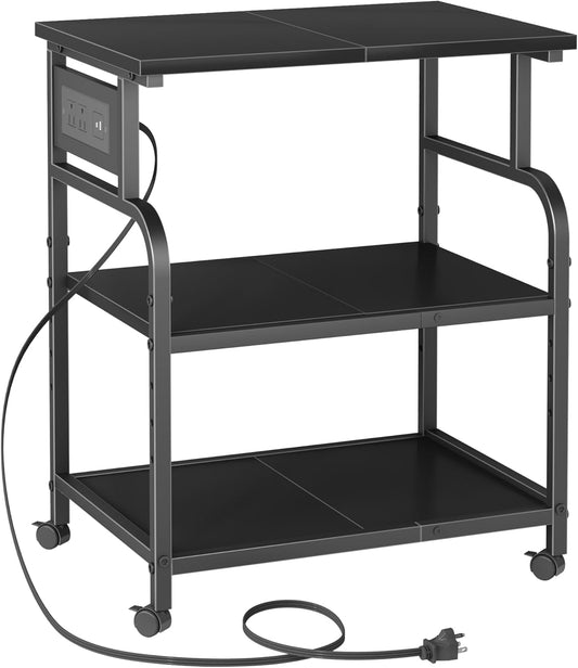 3 Tier Large Printer Stand with Power Outlet/Adjustable Storage Shelf, Rolling Cart with Wheels, Printer Table for Home Office 3D Printer/Heat Press/Laster, 22"×15" Black