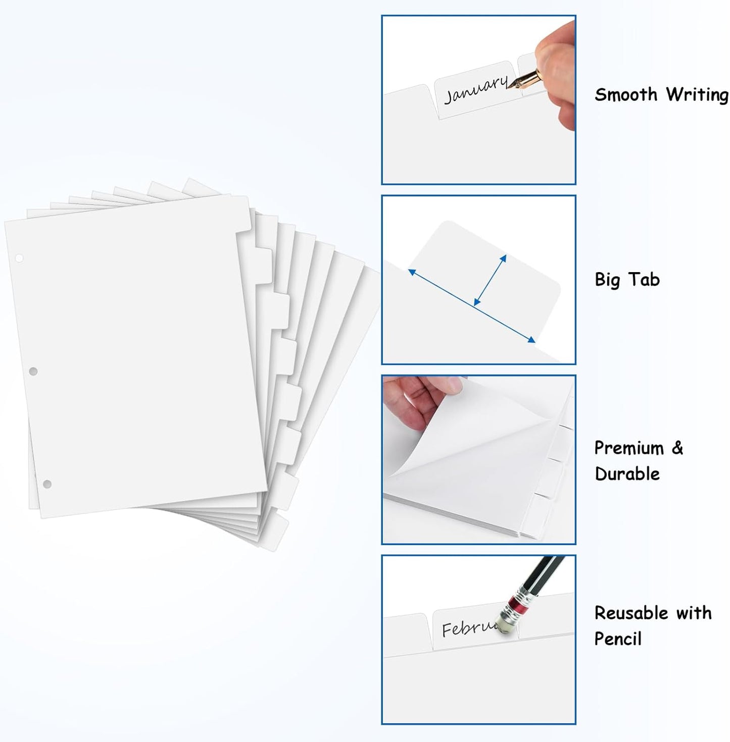 Binder Dividers for 3 Ring Binder, 1/8 Cut Tabs, Letter Size, Blank Write On Page Dividers with 8 Big Tabs for School Office Home, 4 Sets, 32 Dividers, White
