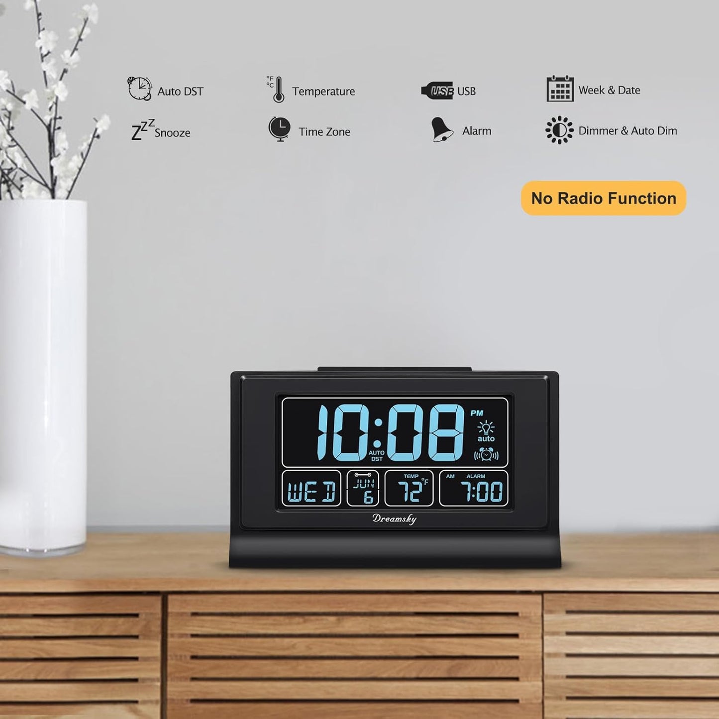 DreamSky Alarm Clocks for Bedrooms with Battery Backup, Auto Set Digital Clock with Date and Day of Week, Temperature, USB Port, Auto DST, Dimmer, 12/24H