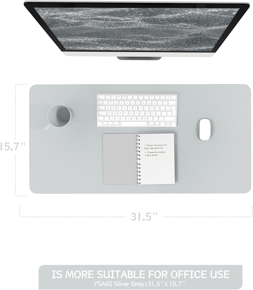YSAGi Non-Slip Leather Desk Pad, Waterproof Laptop Computer Desk Keyboard Mat, Table Protector Blotter Mat, Large Mouse Pad for Office/Work/Home/Decor(Silver-Grey, 31.5" x 15.7")