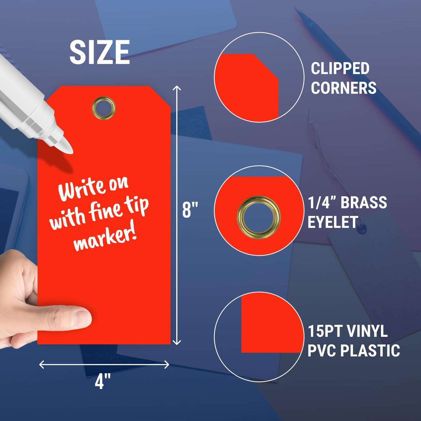 Tags 4 Less 15 Mil Waterproof Plastic Tags, Pack of 100 – 4” x 8” Heavy Duty Plastic Tags for Labeling, Outdoor Tagging, Equipment Labeling, Luggage, Valves & More (Fluorescent Orange/Red)