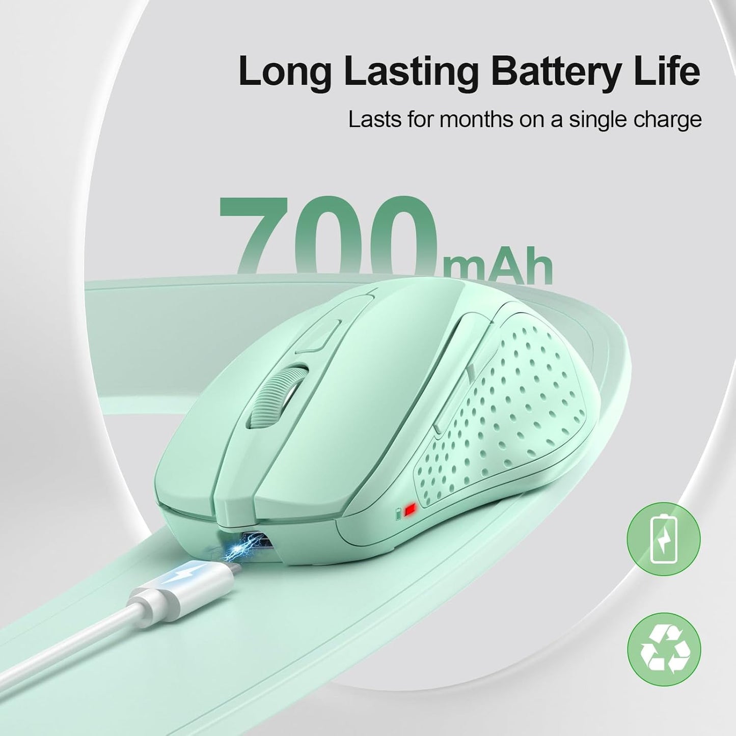 TECKNET Wireless Mouse (BT5.0/3.0 & 2.4G) Rechargeable 4800 DPI Silent USB A & Bluetooth Mouse 6 Buttons, Wide Compatibility - Green