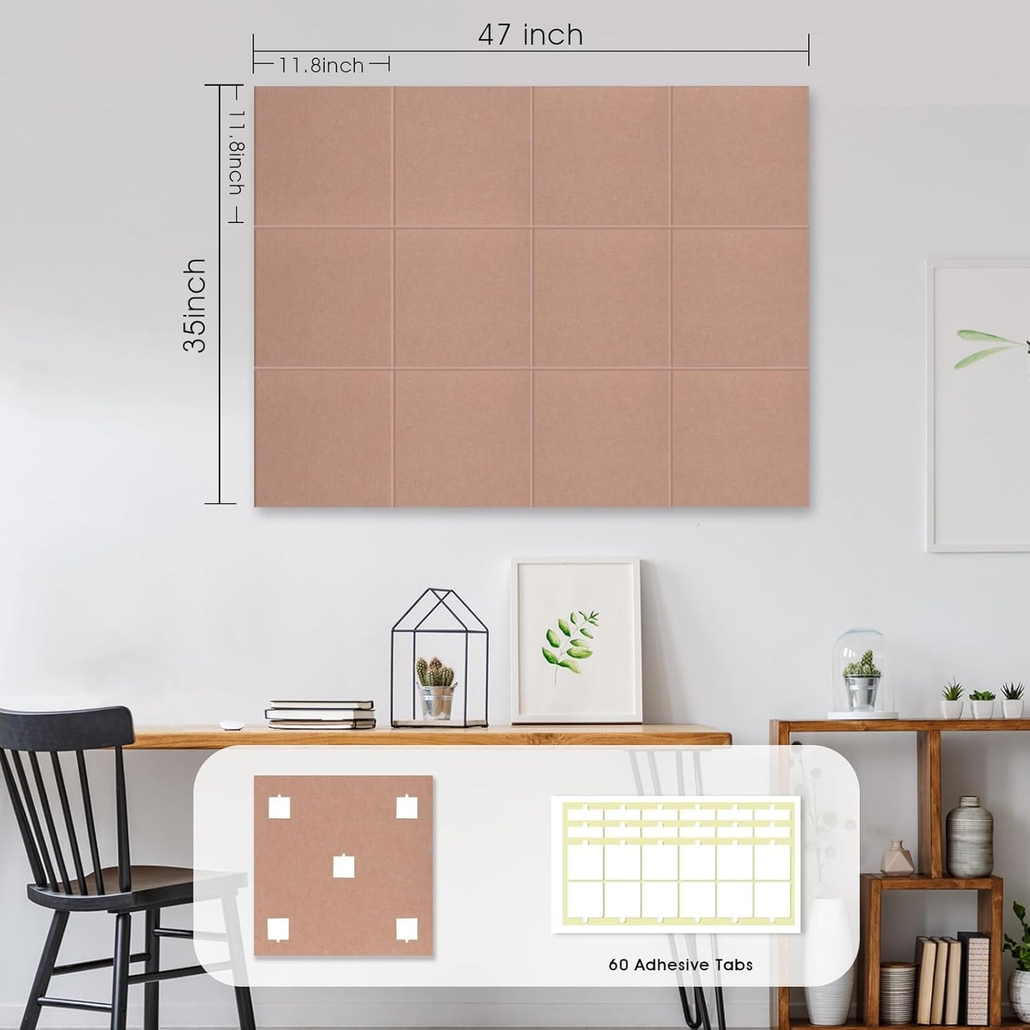 Large Cork Board for Office Wall Decor,48"x36"-12 Pack Felt Wall Tiles with Safe Removable Adhesive Tabs, 1/2" Thick, Felt Bulletin Board Pin Board Cork Boards for Walls - Salmon Pink
