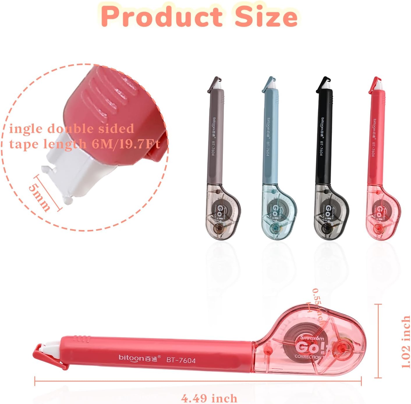 Temiary 4 Pcs White Correction Tape Pens, 6M/256" x 0.2" Smooth Pull Out Tape Pen, Easy to Use Applicator for Instant Corrections Back to School Office Supplies (Multicolor)