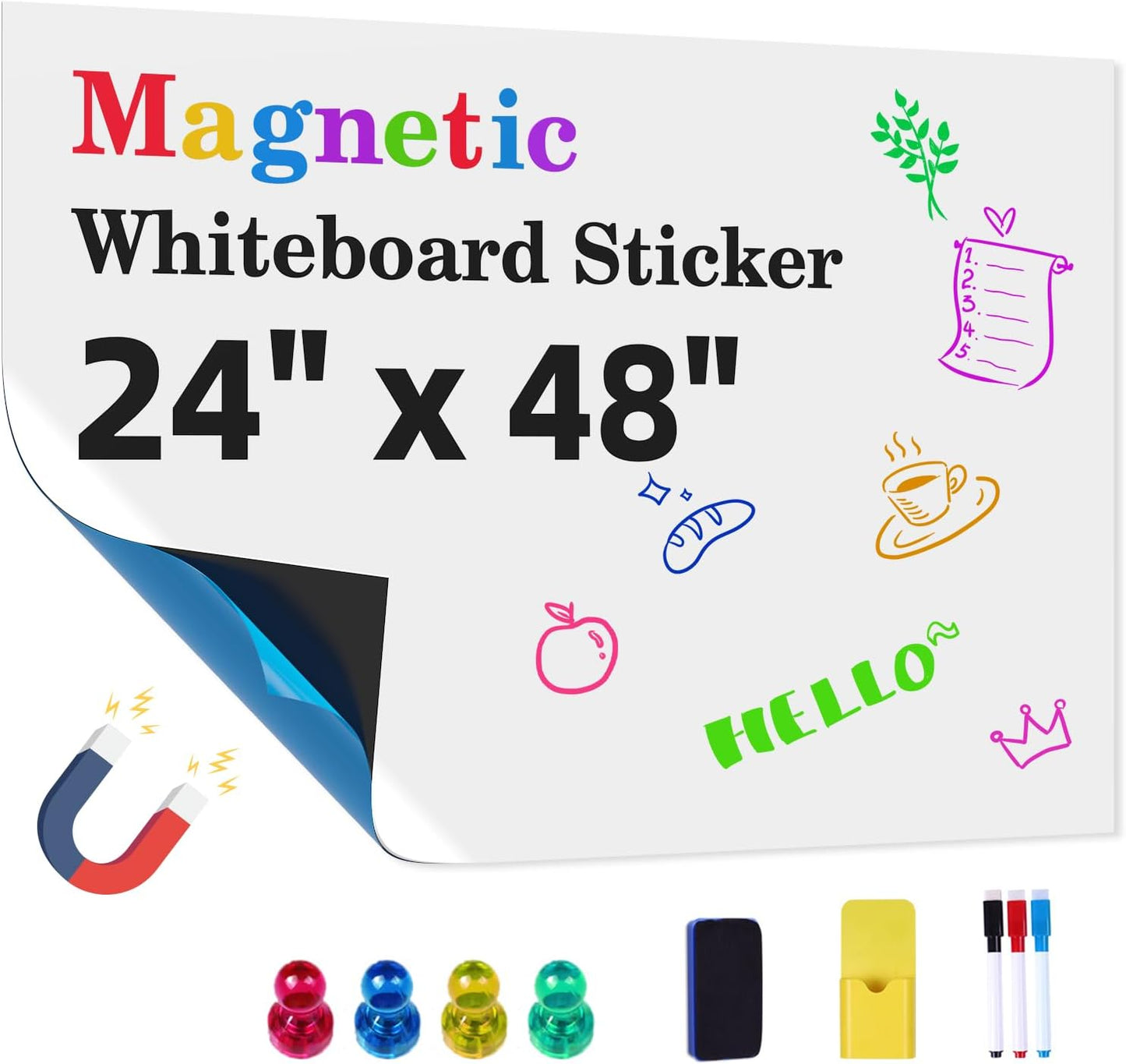 Magnetic Whiteboard Contact Paper 24" x 48" Peel and Stick Dry Erase White Board for Wall Self-Adhesive Decal Wallpaper Sticker for Office, Home, with Marker, Eraser and Magnet