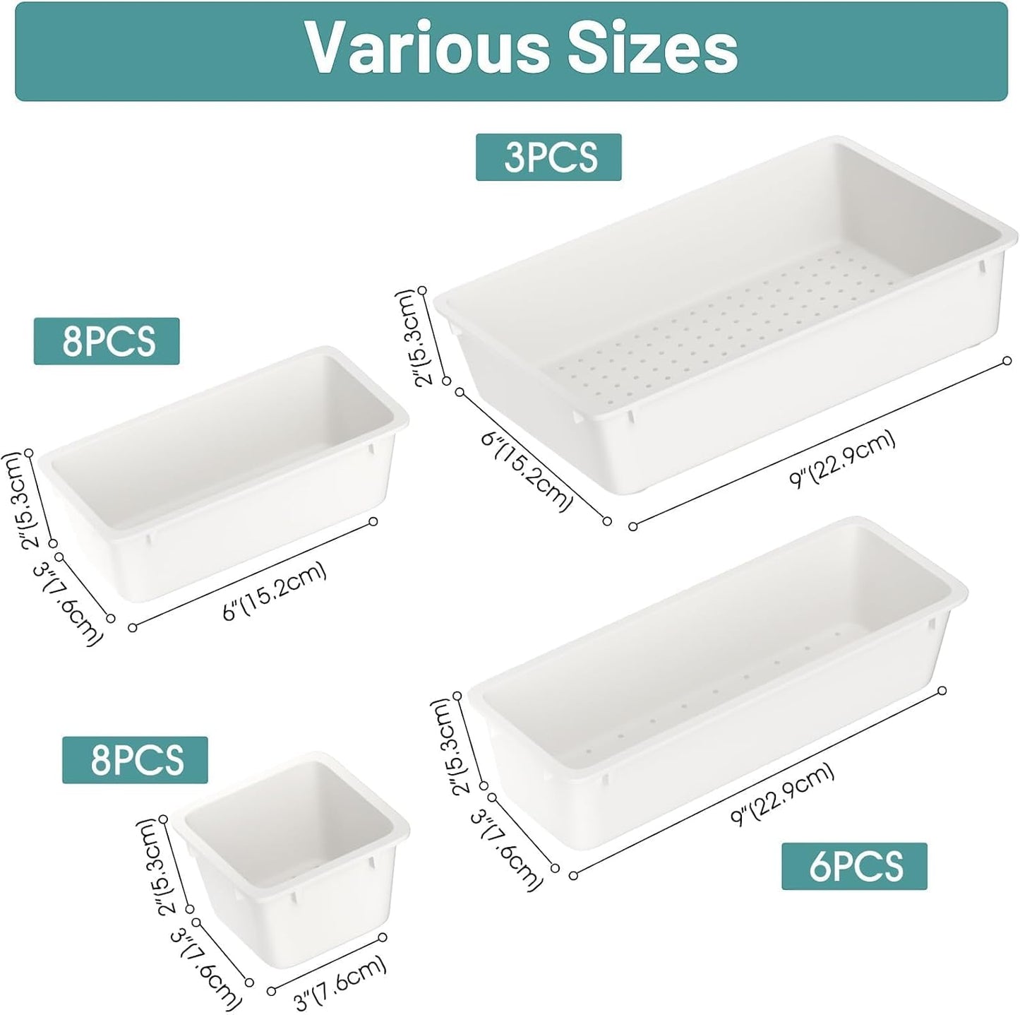 WOWBOX 25 PCS Plastic Drawer Organizer Set, 4 Sizes Desk Drawer Divider Organizers and Storage Bins for Makeup, Jewelry, Gadgets for Kitchen, Bedroom, Bathroom, Office, White