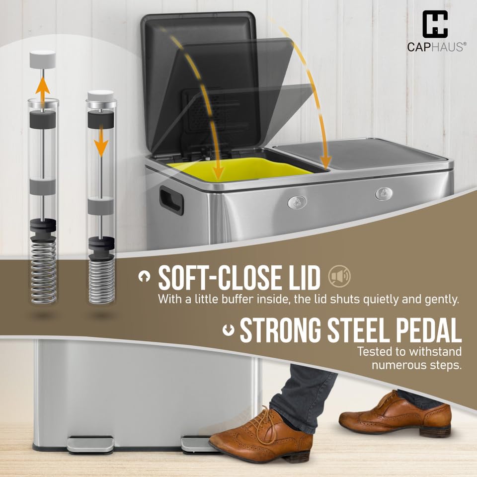 CAPHAUS Black Dual Trash Can w/Double Lid, Trash & Recycle Bins Combo, Hands-Free Stainless-Steel Garbage Can for Kitchen, with 2 Compartment, Hinged Lid, Odor Filters, Handles, 25L+25L, 2 x 6.6 Gal