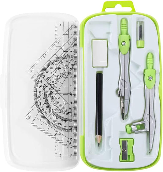 Math Geometry Kit Sets 10 Piece Student Supplies with Shatterproof Storage Box,Includes Rulers,Protractor,Compass,Eraser,Pencil Sharpener,Lead Refills,Pencil,for Drafting and Drawings（Green）