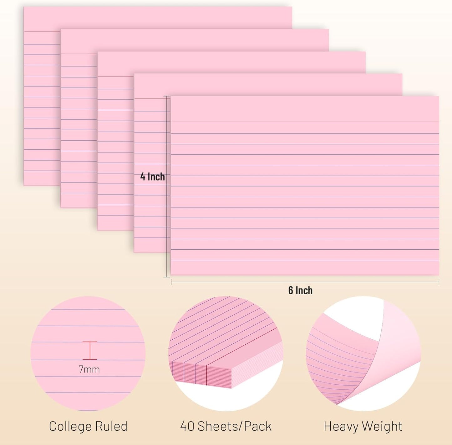 200 Pcs Index Cards 4 x 6 Inch Ruled Pink Index Cards, College Ruled Flash Cards for School, College, Office and Home Organization, Durable Study To Do List Note Cards with Ruled Lines, 5 Pack of 40