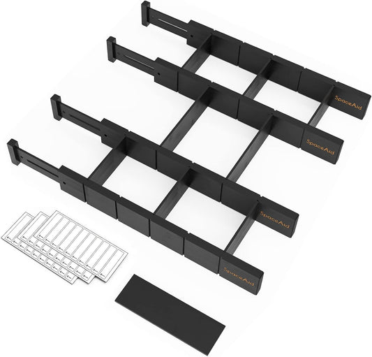 SpaceAid Bamboo Drawer Dividers with Inserts and Labels, Kitchen Adjustable Drawer Organizers, Expandable Organization for Home, Office, Dressers, 4 Dividers with 9 Inserts (17"-22" Black)