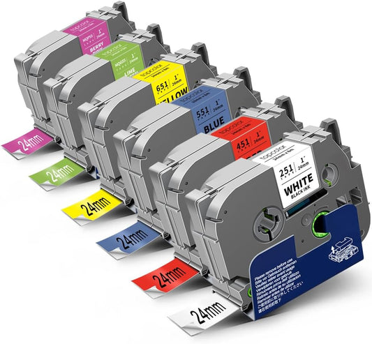 6-Pack 24mm 0.94" Label Maker Tape Compatible for Brother Label Tape 1 Inch PTouch Tze Tz 24mm Laminated Colored for PTP710BT PT-D610BT PTD600 PT2300, White/Red/Yellow/Blue/Green/Pink