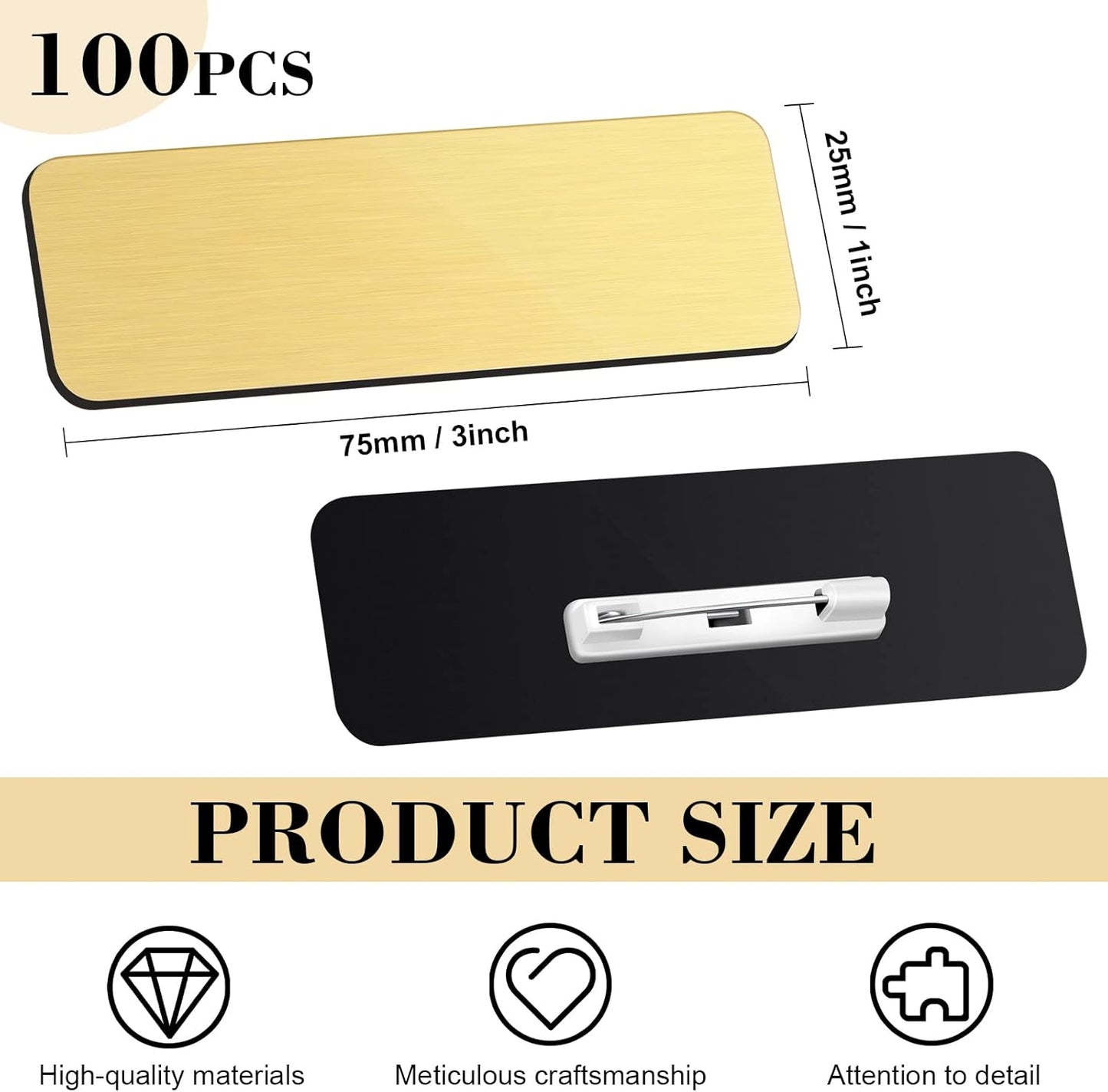 Breling 100 Pieces Name Tags with Pins 1 x 3 Inches Blank Name Tags Reusable ID Badge Holders with Clip for Office Workers Students Employee Custom(Gold)