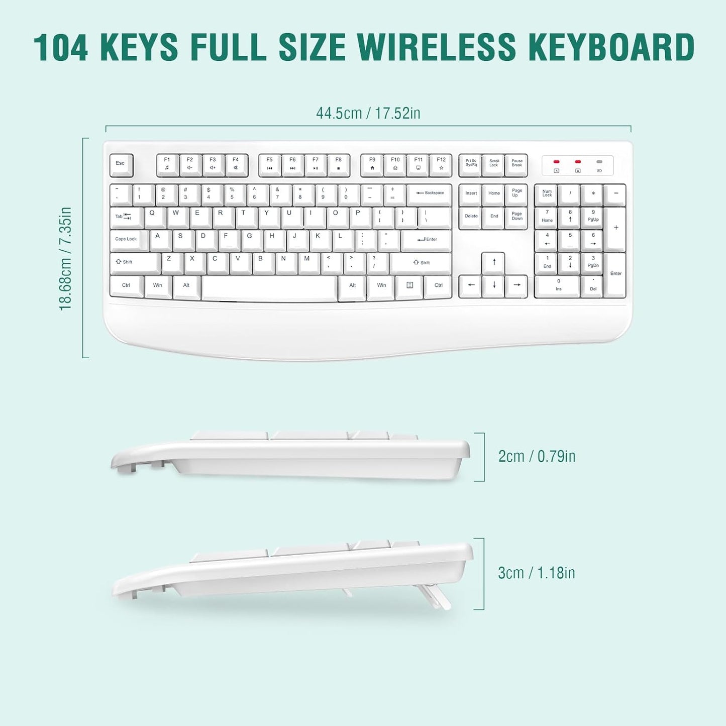 EDJO Wireless Keyboard, 2.4G Ergonomic Full Size Wireless Computer Keyboard with Wrist Rest for Windows, Mac OS Desktop/Laptop/PC（White）