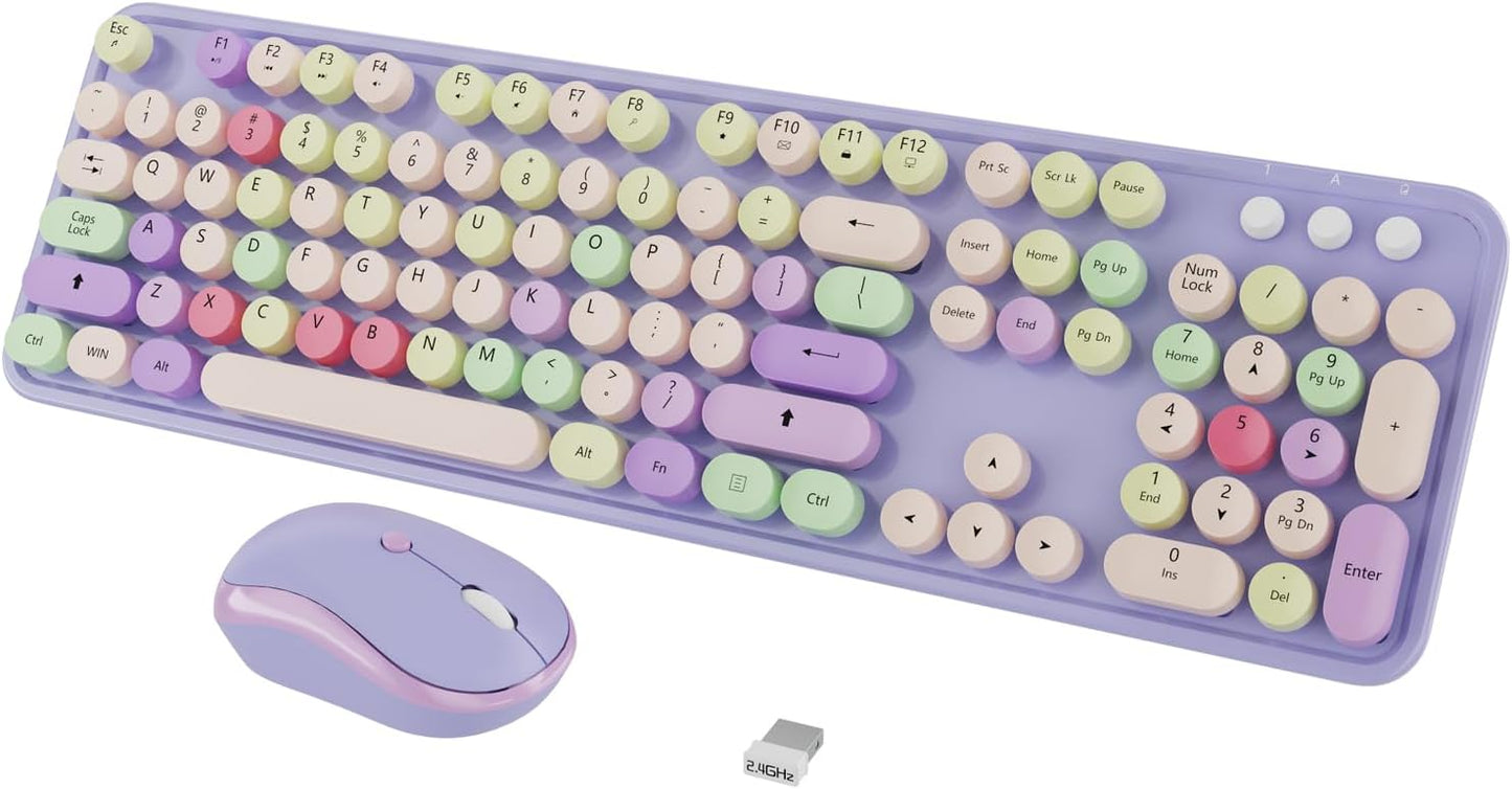 Wireless Typewriter Keyboard and Mouse - Wireless Keyboard with Silent Wireless Mouse, Cute Retro Keyboard Mouse Combo, 2.4G USB Computer Keyboard and Mouse for Windows Laptop/Desktop/PC(Purple)