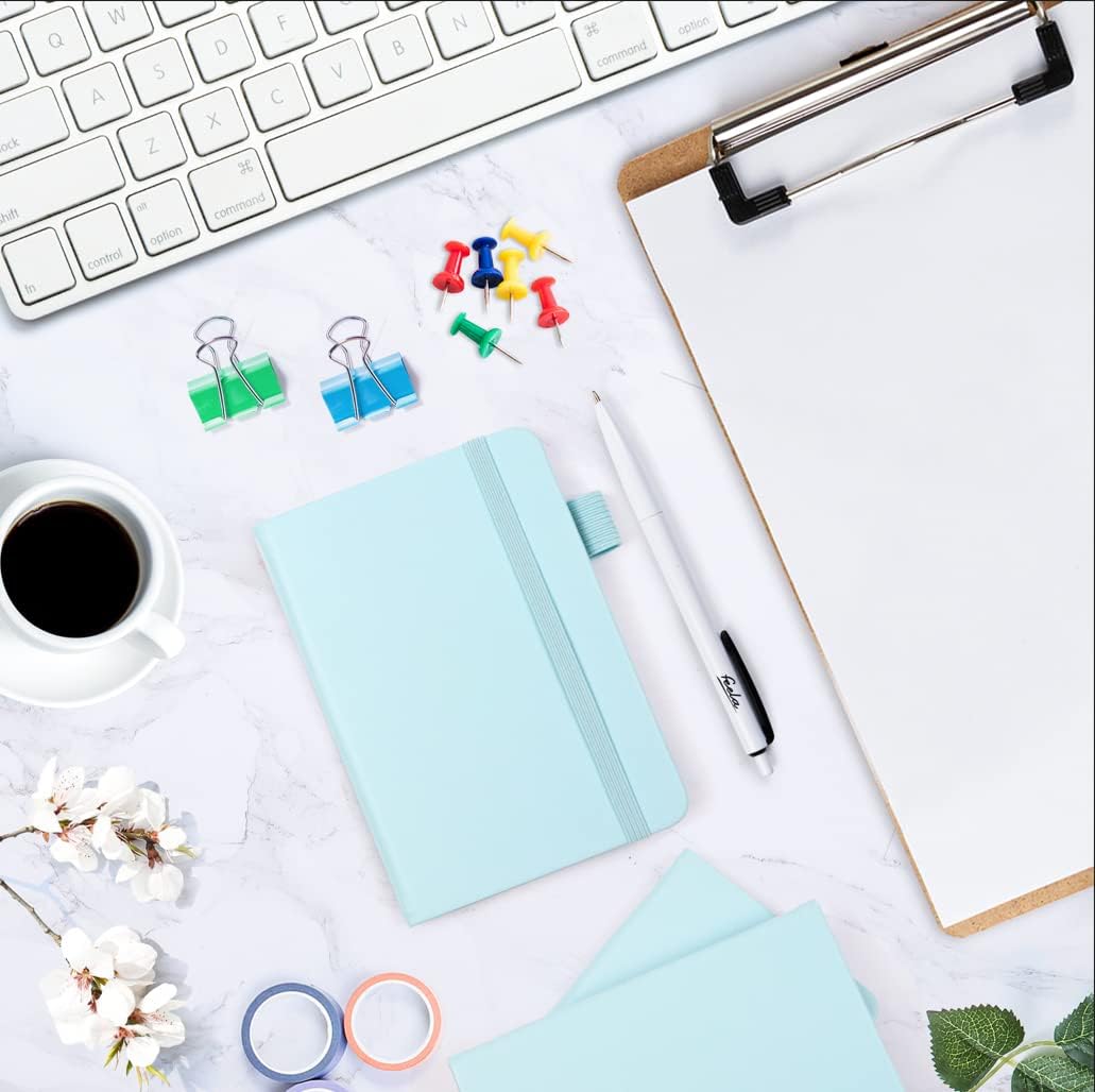 feela 15 Pack Pocket Small Notebooks Bulk, Mini Cute Memo Notepads Hardcover College Ruled Lined Journals with Pen Holder for Women Girls Office School, with 15 Black Pens, 3.5”x 5.5”, A6, Sky Blue