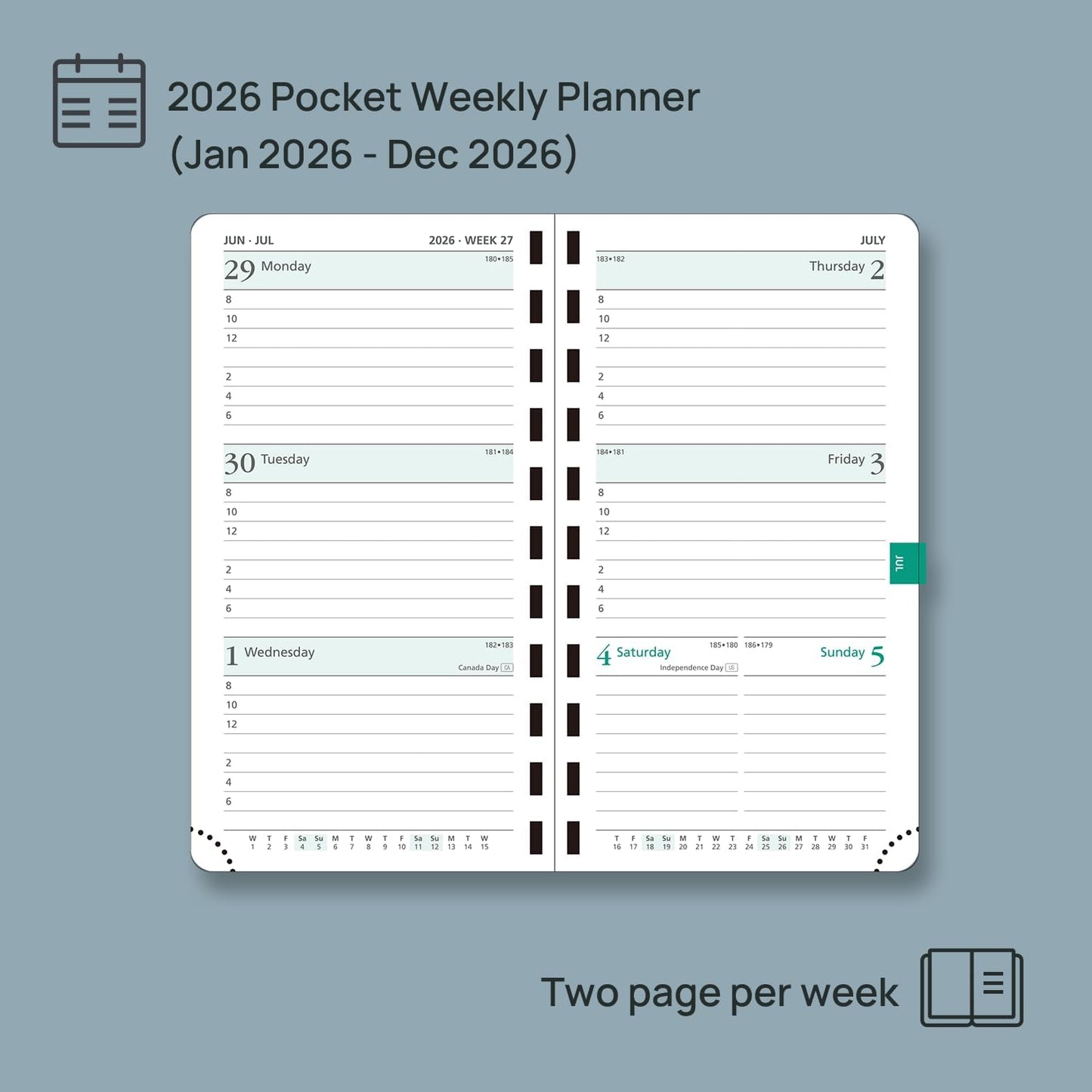 POPRUN 2026 Pocket Planner (Slim Size 3.5" x 6.5") Weekly and Monthly Calendar for Purse, with Hourly Time Slots, 100GSM Thick Paper, Spiral Soft Cover, Pen Holder - Grey