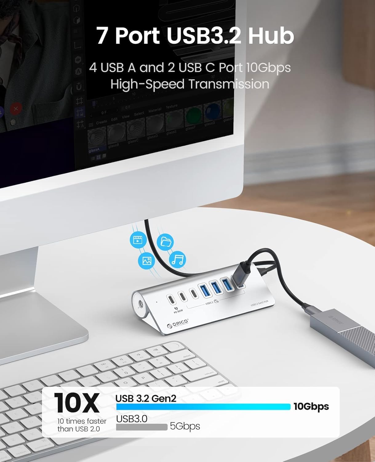 ORICO 7 Port USB Hub 10Gbps, Aluminum USB 3.2 Gen 2 Hub, 6 USB 3.2 Data Ports, 1 PD 60W Ports, 24V 3A Power Adapter, 3.28Ft A to C Cable, USB Data Hub for Laptop