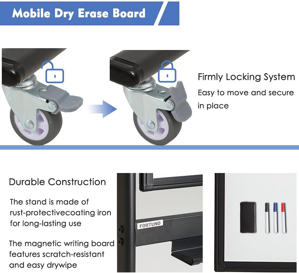FORTUNO Large Magnetic Mobile Whiteboard 72"x40", Rolling Double Sided Stand Whiteboard on Wheels, Reversible Adjustable Height/Angle Dry Erase Board Easel White Board for Office Classroom, Black