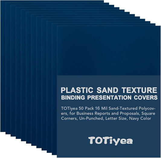 TOTiyea 50 Pack 16 Mil Poly Binding Covers, Sand Texture Binding Presentation Covers, Square Corners, Un-Punched (8.5 x 11 Inches, Letter Size, Navy Color)