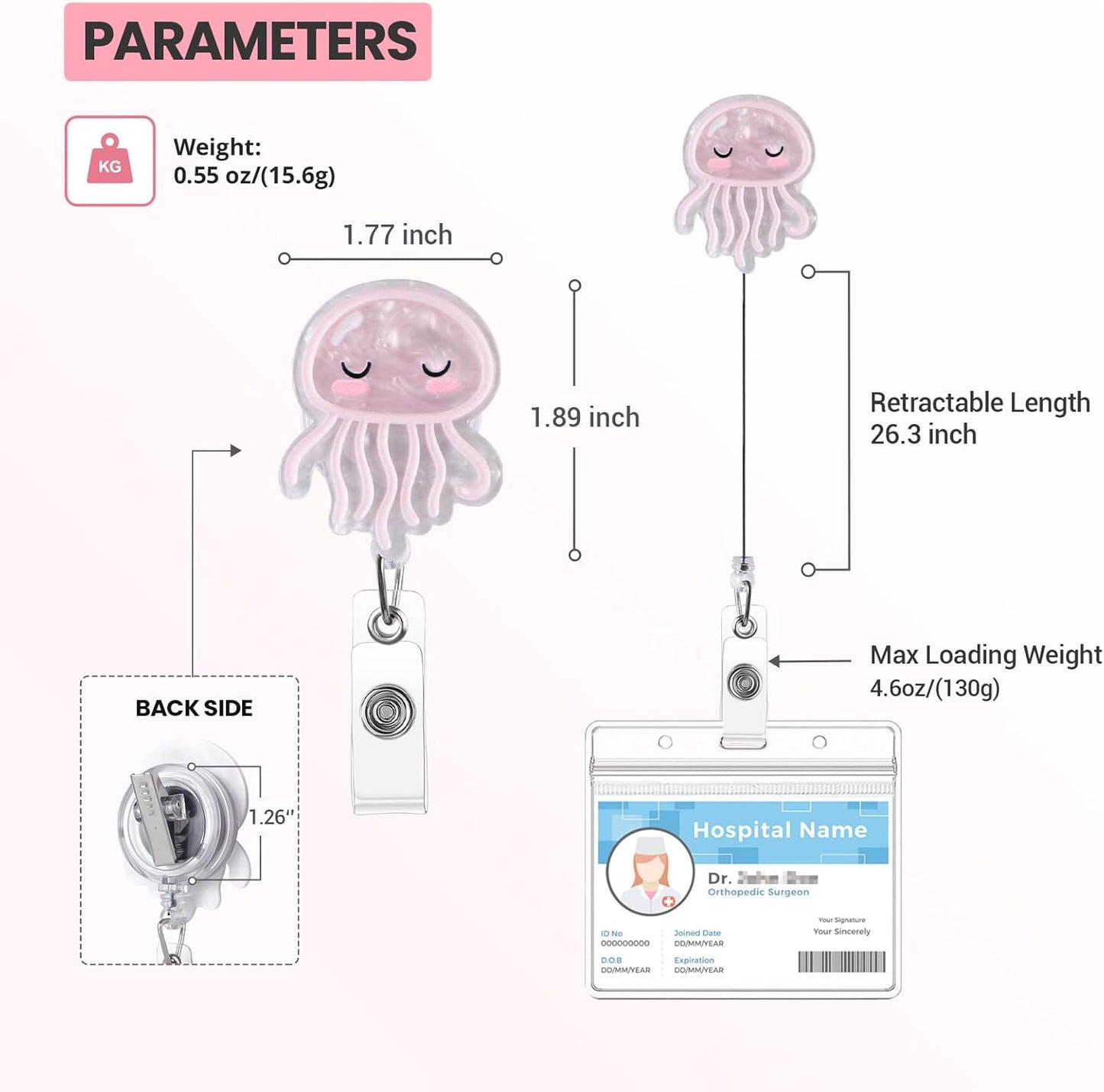 Pink Jellyfish Badge Reel, Cute Badge Holder, Funny Nurse Name Reel with Retractable Clip, Medical Worker ID Card Holders, Pediatric Nursing Accessories for Nurse Doctor Student Teacher Office