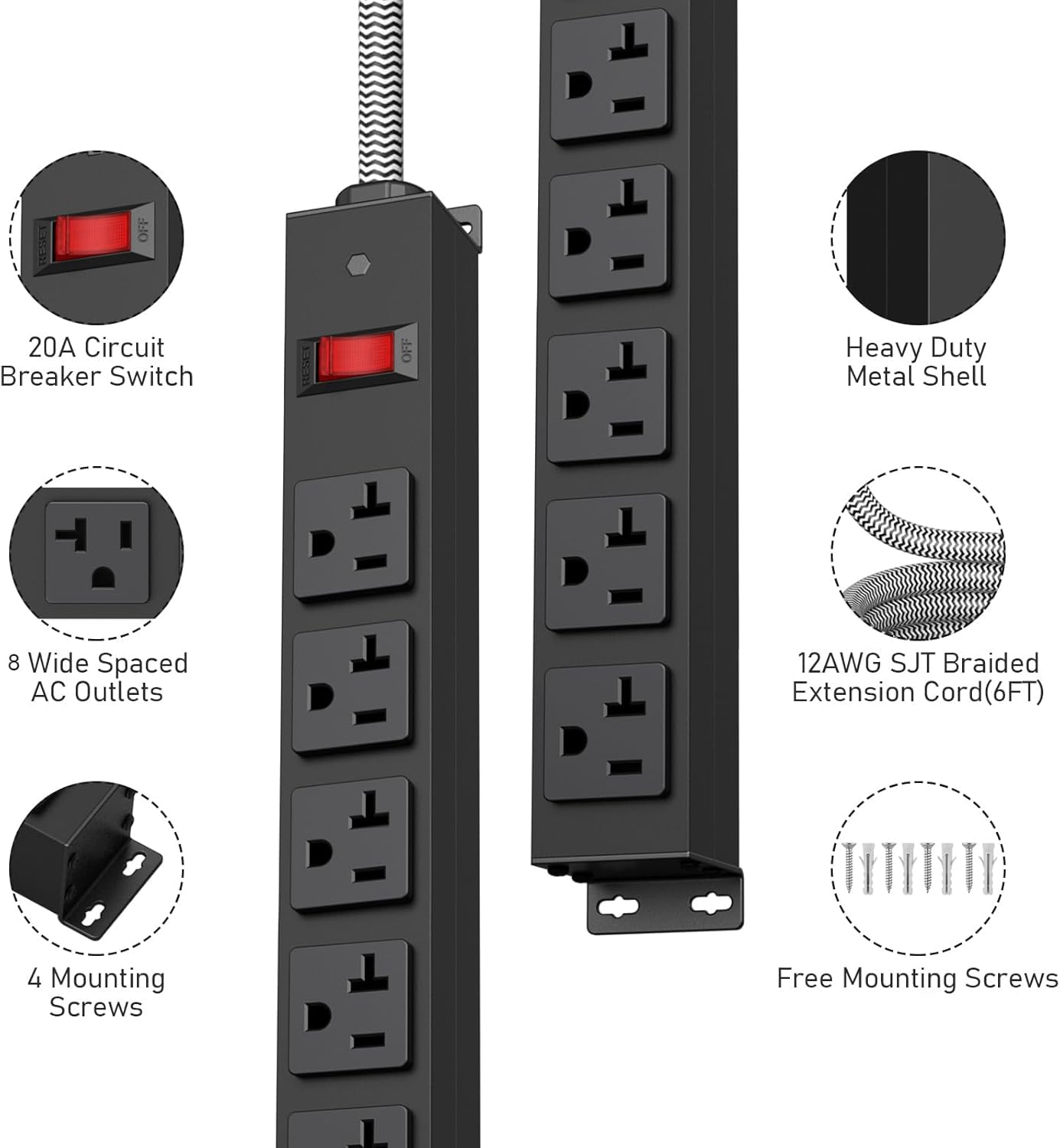 20 Amp Power Strip Heavy Duty, 12 Gauge Extension Cord for Appliance Workbench Garage Industrial, Metal 8 Outlets Combine with T-Plug Adapter 5-20R T-Slot, 1200J Surge Protector
