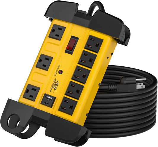 Heavy Duty Surge Protector Power Strip with USB-C Ports, CRST 8-Outlet Metal Industrial Power Block with 15A Circuit Breaker, 15ft Extension Cord, 1350 Joules for Workshop, Garage, Office, Shop…