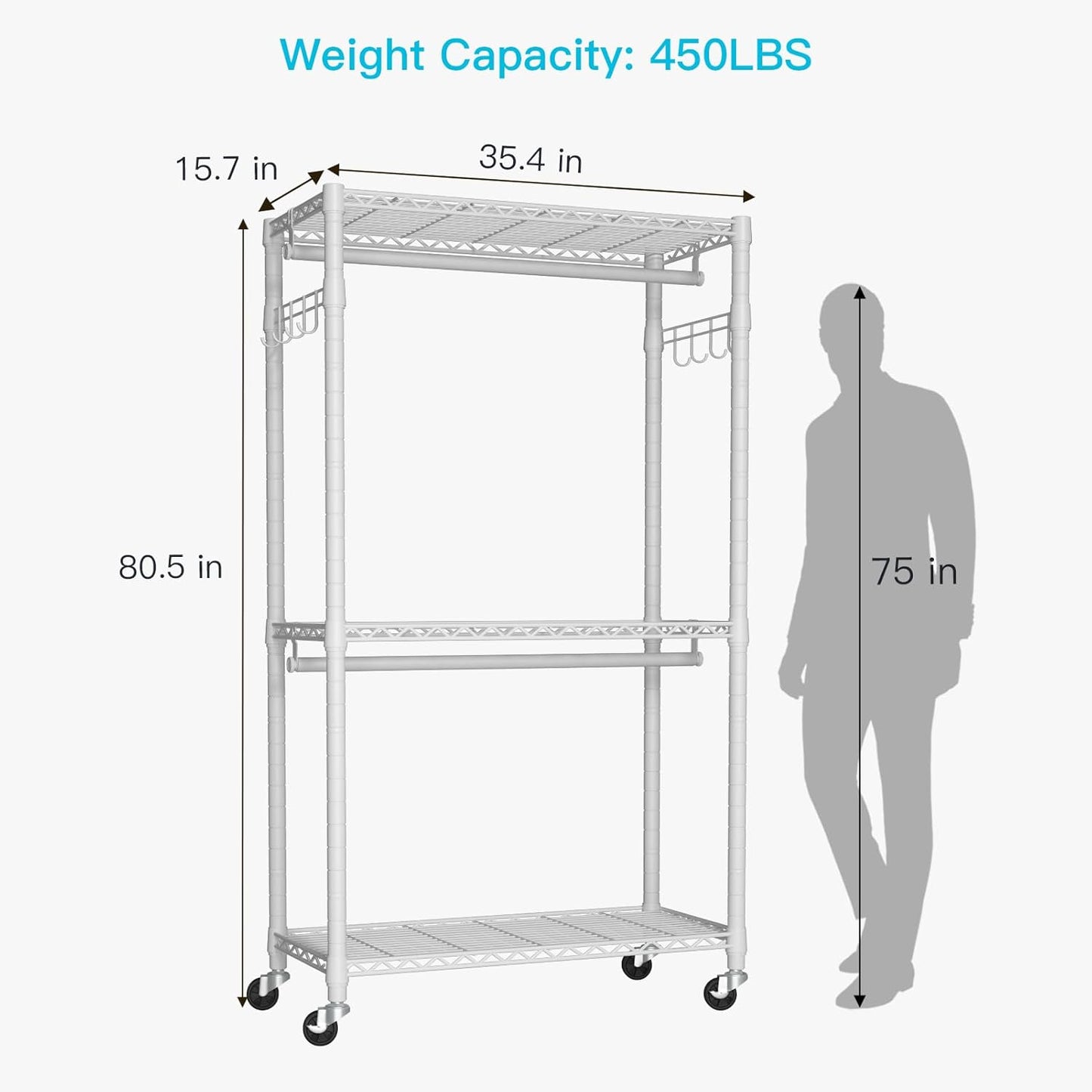 P1 Heavy Duty Garment Rack, 3 Tiers Adjustable Rolling Metal Closet Organizer with Lockable Wheels, FreeStanding Wardrobe with Double Hanger Rods & 1 Pair Hooks, Max Load 450 LBS, White