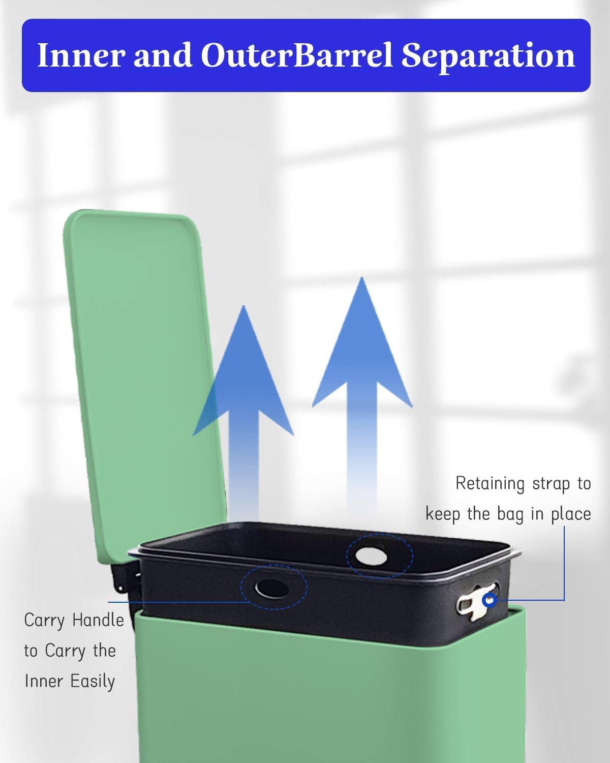 Rubbish Bin with Lid, 10 L, Stainless Steel Bathroom Waste Bin, Small Waste Bin, Pedal Bin, Stainless Steel for Bathroom, Bedroom and Office, Green