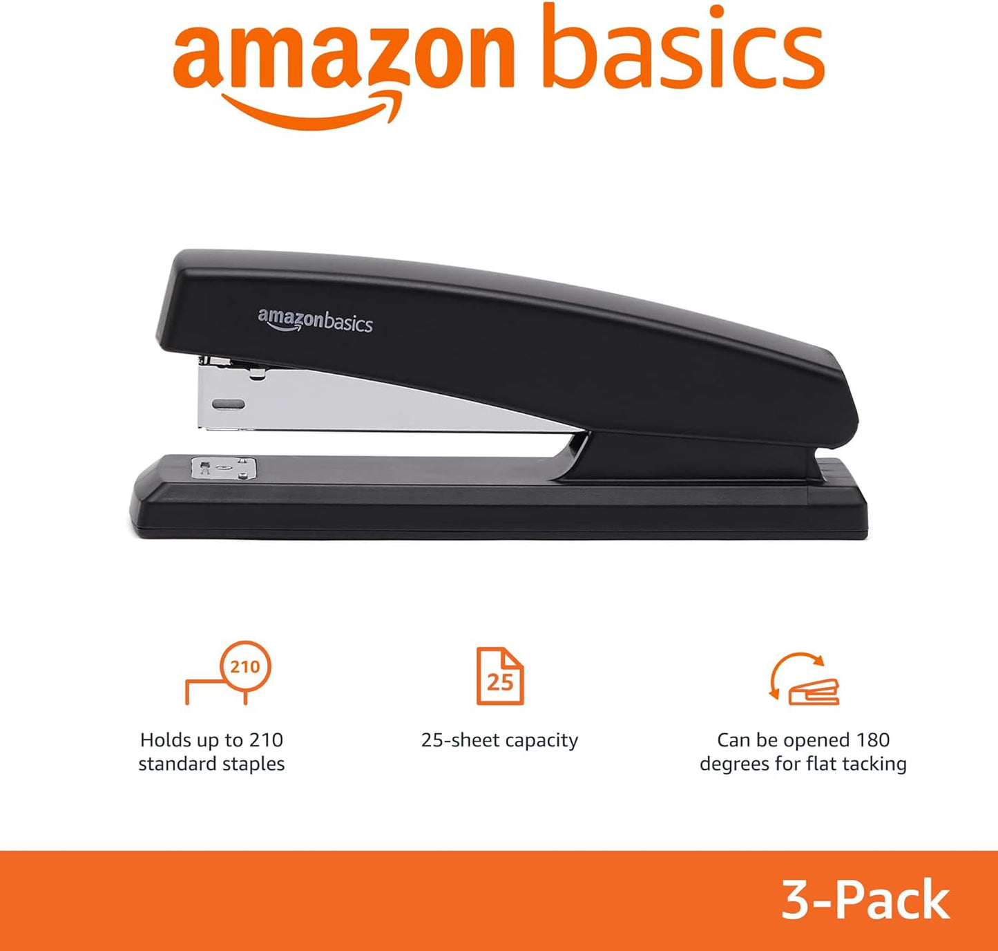 Amazon Basics Desktop Stapler with 1000 Staples, Office Stapler, Lightweight, Easy to Use, 25 Sheet Capacity, Non-Slip, Black, 3 Pack