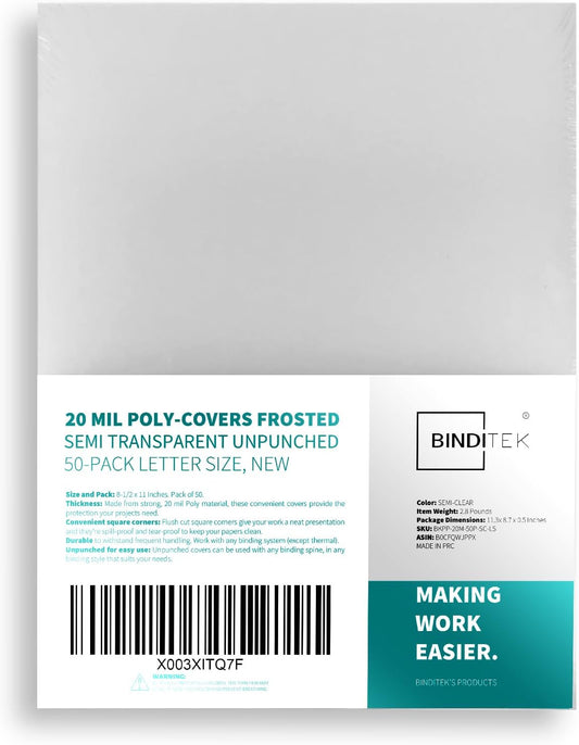 Binditek 50 Pack 20 Mil Frosted Polycover, Semi-Transparent Binding Covers, 8-1/2 x 11 Inches, Lightly Textured Sand Finish, Square Corners, Unpunched