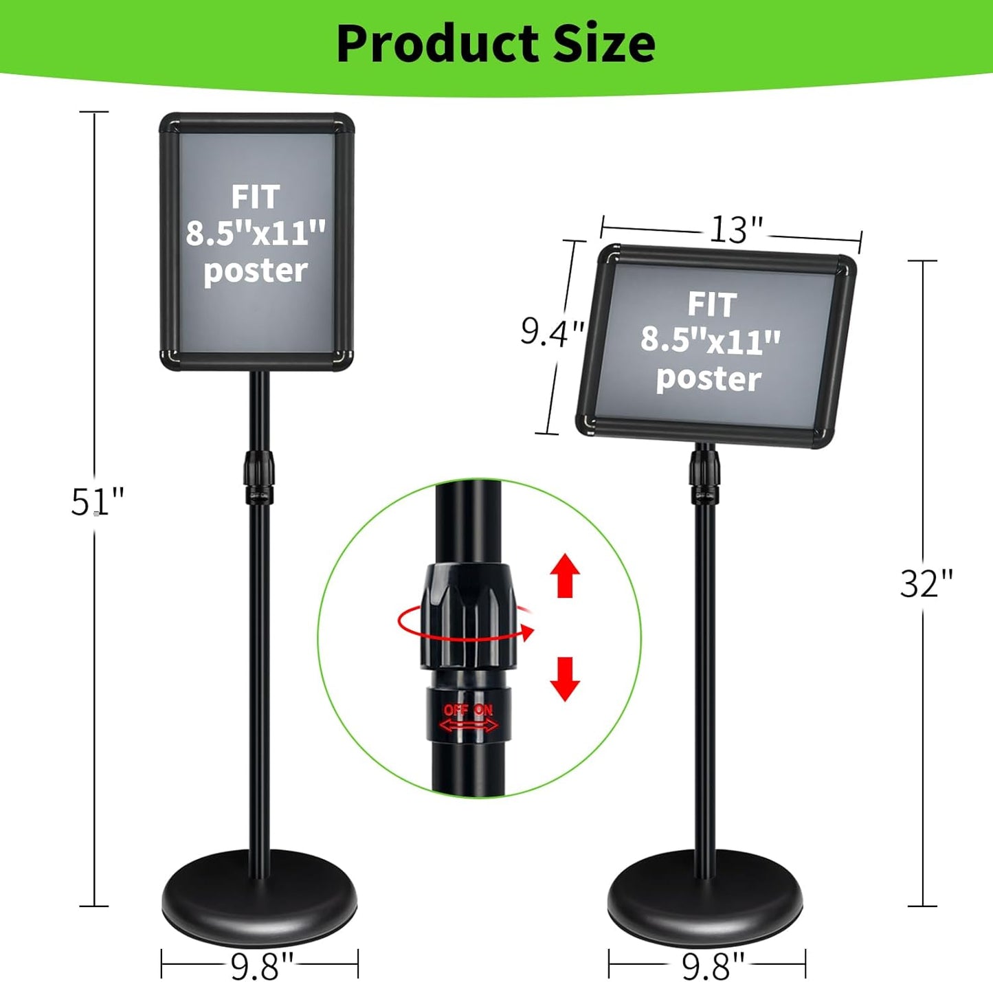 Adjustable Pedestal Sign Holder Stand 8.5''x11'', Floor Standing Poster Sign Stand, Aluminum Frame for Vertical/Horizontal View Sign Stand,Outdoor/Indoor Standing Sign Holders(Black, Round)