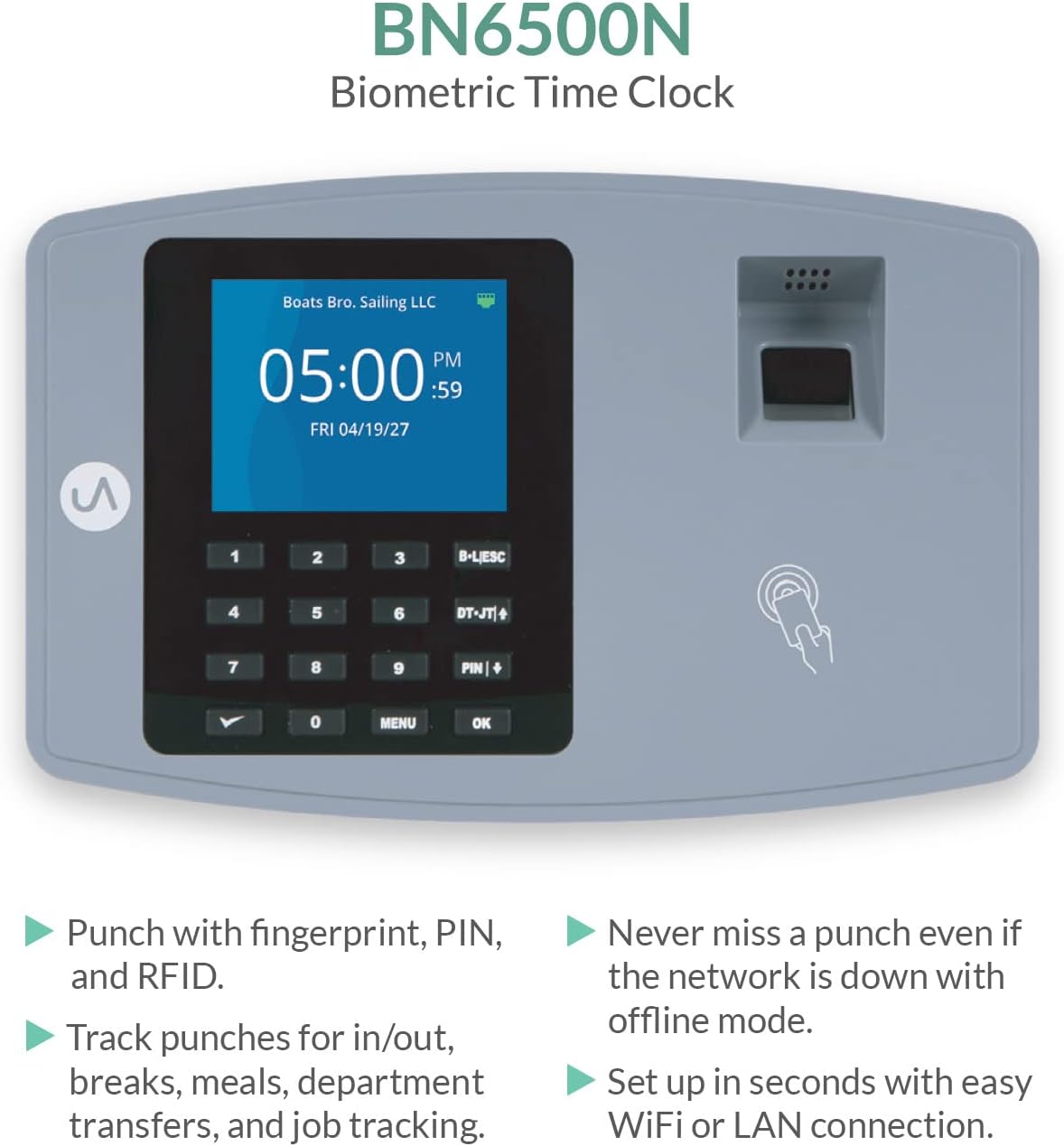 uAttend BN6500 Biometric Fingerprint Time Clock System for Small Business with WiFi and Cloud-Based Employee Timecards