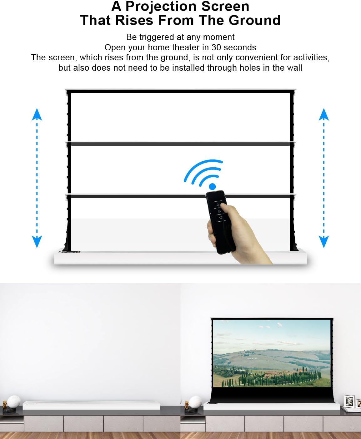 VIVIDSTORM-Home Cinema S 72 inches Portable Folding Stand Floor Rising Movie Screen Sound Transparent Perforated White Screen Compatible with Ordinary Projector,VWSDSTPW72H