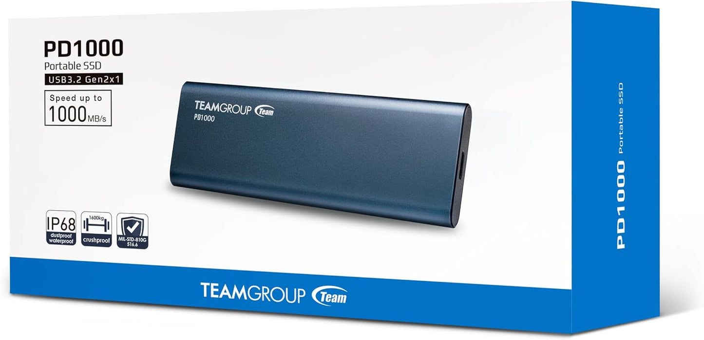 TEAMGROUP PD1000 2TB Aluminum Portable External Solid State Drive SSD, Read up to 1000MB/s, USB-C, USB A 3.2 Gen 2, Waterproof, Dustproof (IP68), Shockproof, Pressure Resistant T8FED6002T0C108