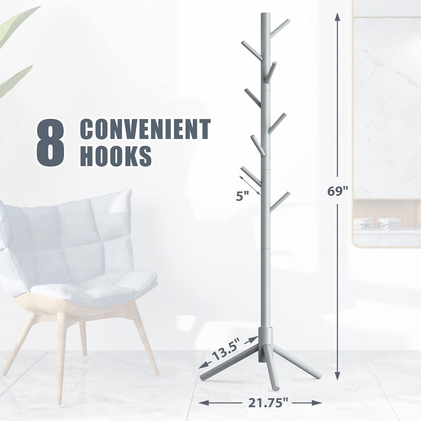 Haddockway Wooden Coat Rack Stand with 8 Hooks New Zealand Pine 3 Adjustable Coat Standing Tree Easy Assembly for Coats, Hats, Scarves and Handbags for Entryway, Hallway, Bedroom, Office