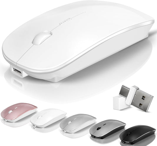 Mouse for Laptop Wireless Bluetooth - MacBook Air Mac Pro PC iPad Optical Rechargeable Silent Mouse with Jiggler Dual Mode Switch Bluetooth 5.2/3.0 and 2.4GHz USB-A and Type-C Receiver White