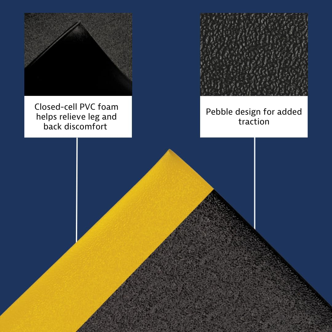 Notrax 411 Sof-Tred™ 2' x 60' x 3/8" Anti Fatigue Mat, Enhanced Slip Resistance with Beveled Edges and Pebbled Surface, Ideal for Industrial and Commercial Workplaces, Black/Yellow, 411R0324BY